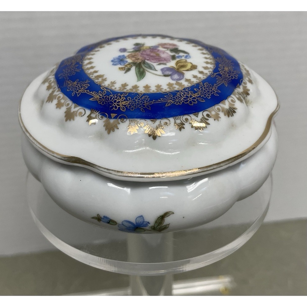 Vtg Oscar Schlegelmilch Porcelain Blue Gilded Floral Lidded Round‎ Dish Trinket